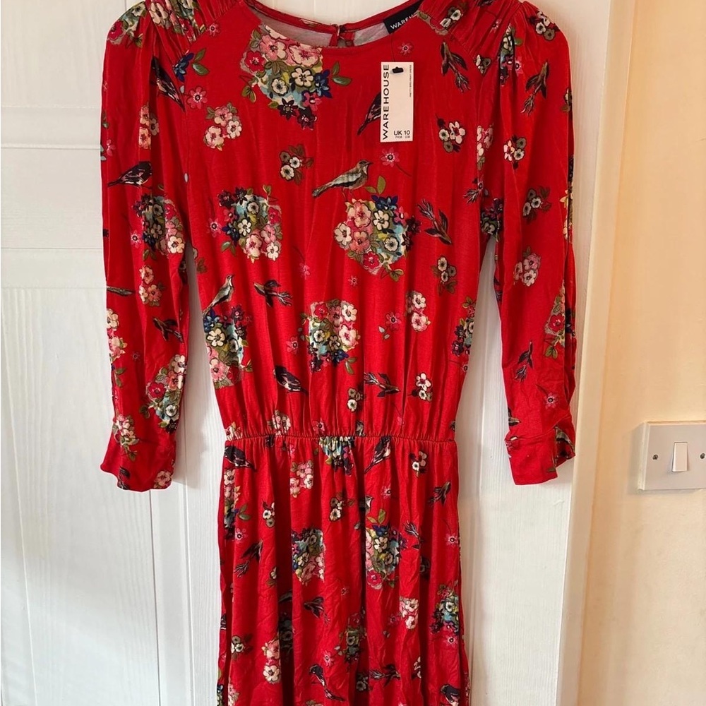 Warehouse Red Smocked Sundress with Bishop Sleeves
